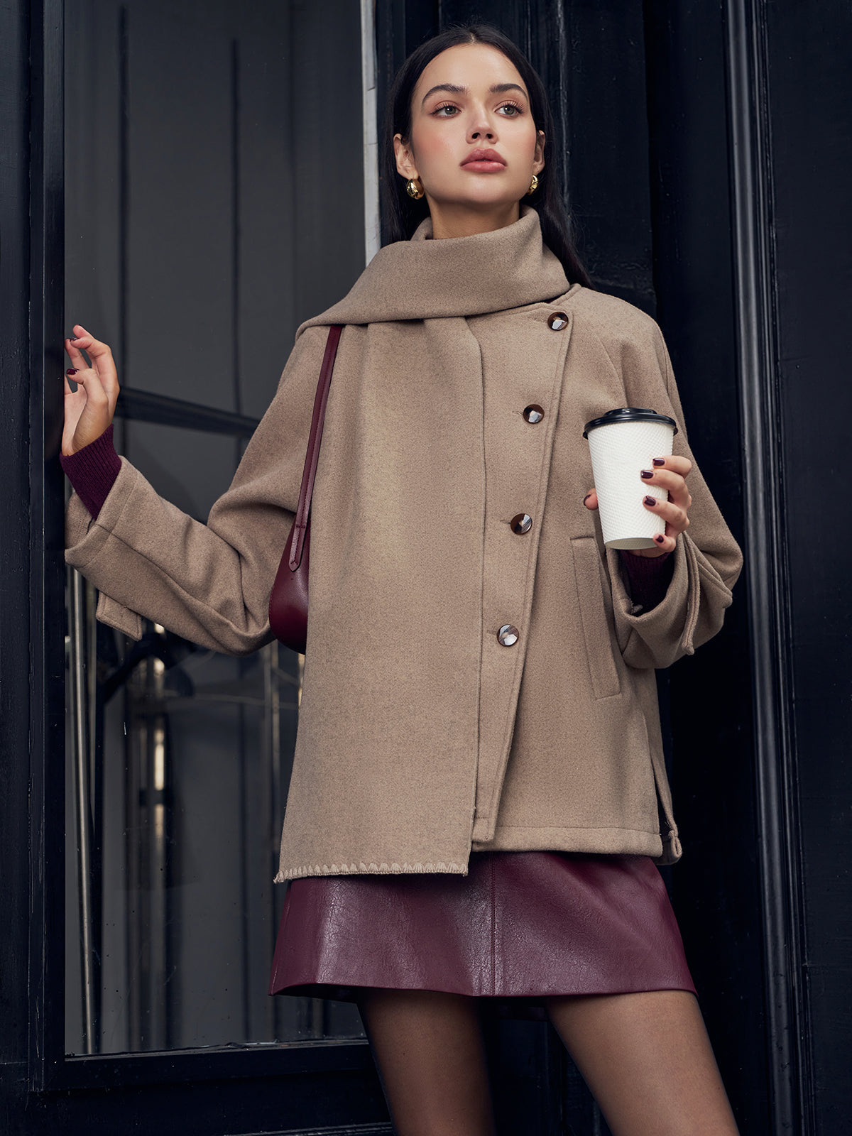 Pleated Jacket With Matching Button Scarf-Chicvia