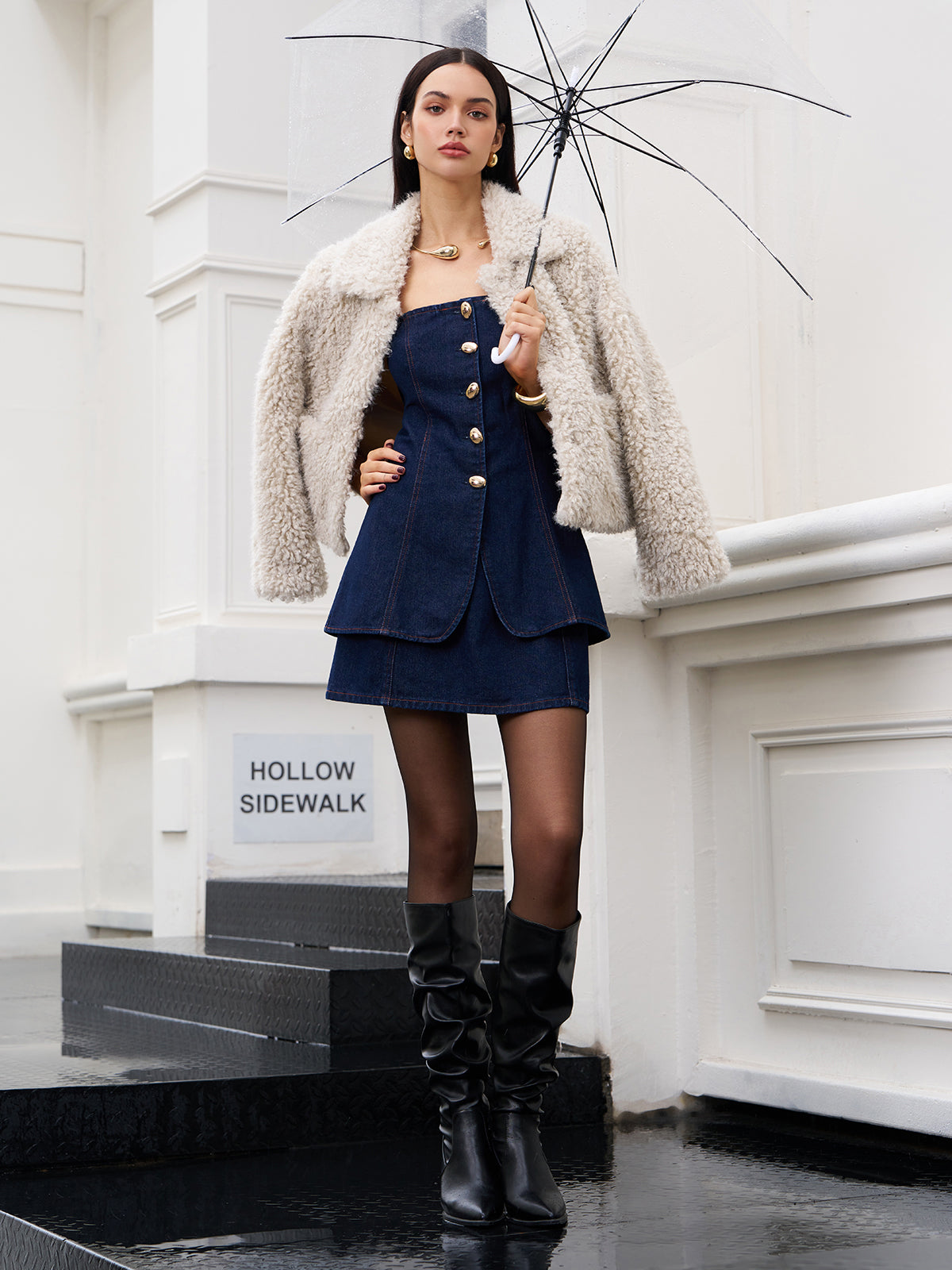 Button Split Denim Tube Top-Chicvia