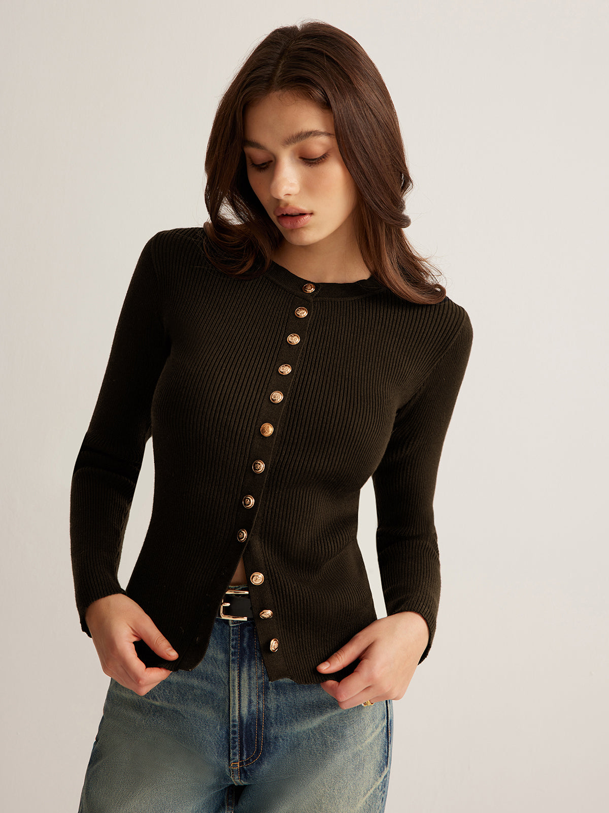Button Down Skinny Knit Top-Chicvia