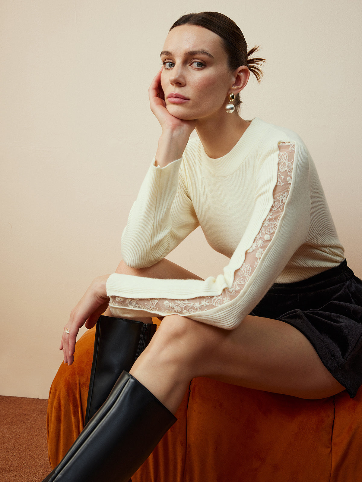 Elegant Lace Panel Knit Top-Chicvia