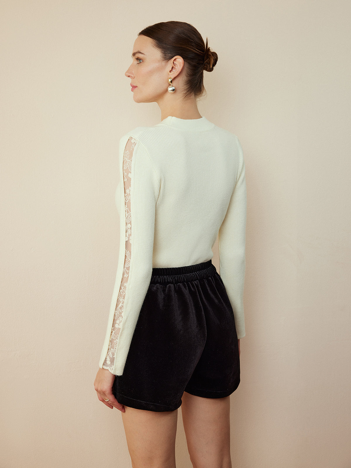 Elegant Lace Panel Knit Top-Chicvia