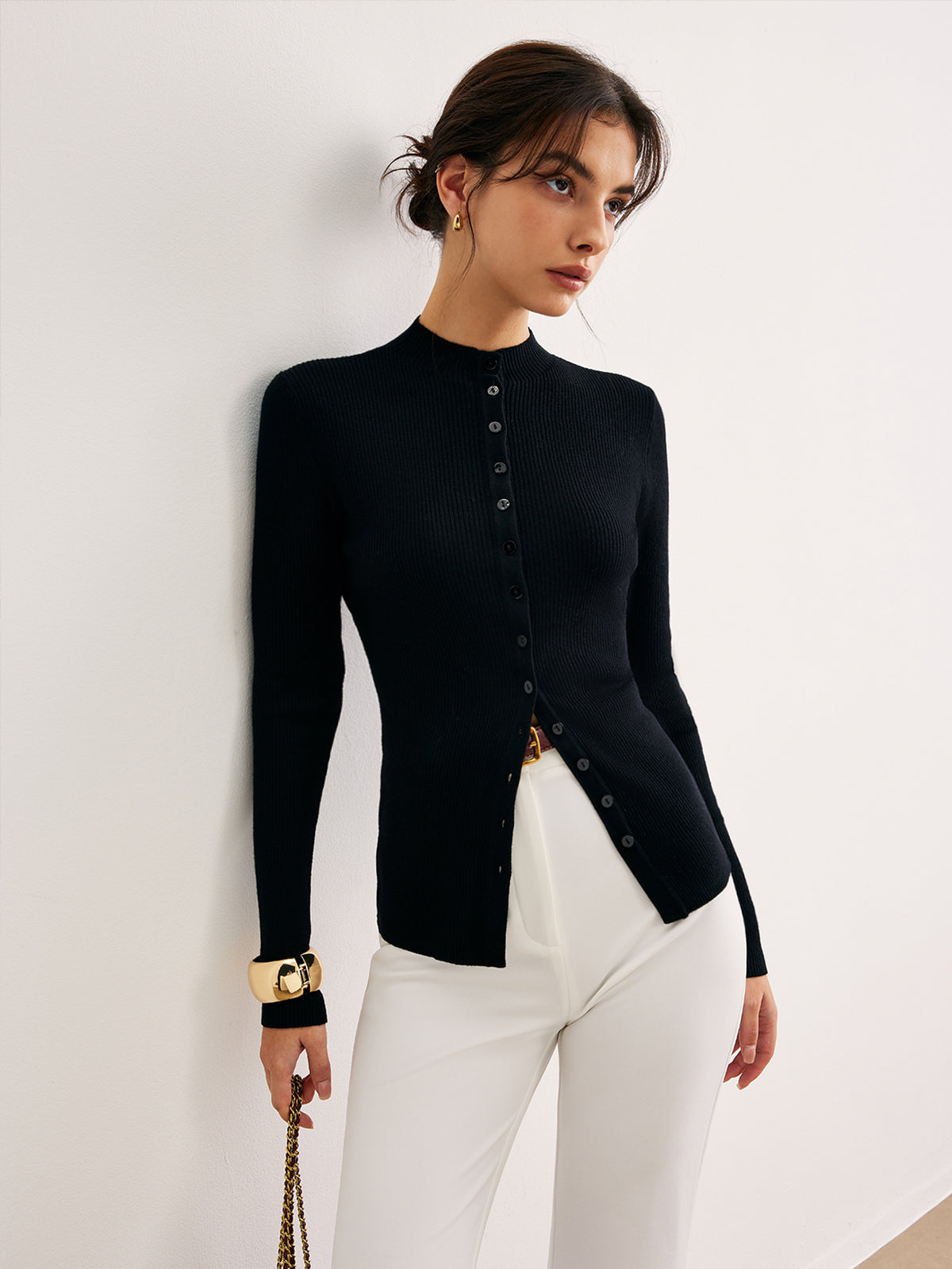 Button Down Skinny Knit Top-Chicvia