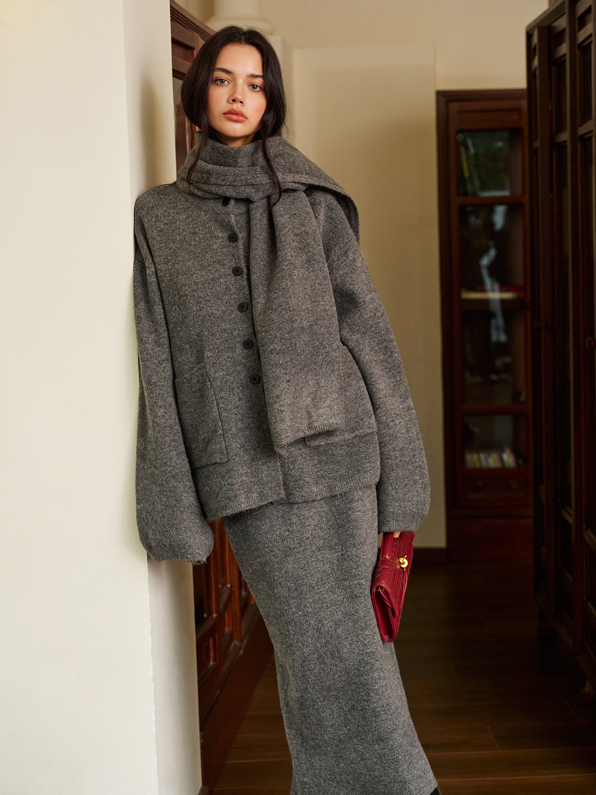 Plain Button Sweater Skirt Set With Matching Scarf-Chicvia