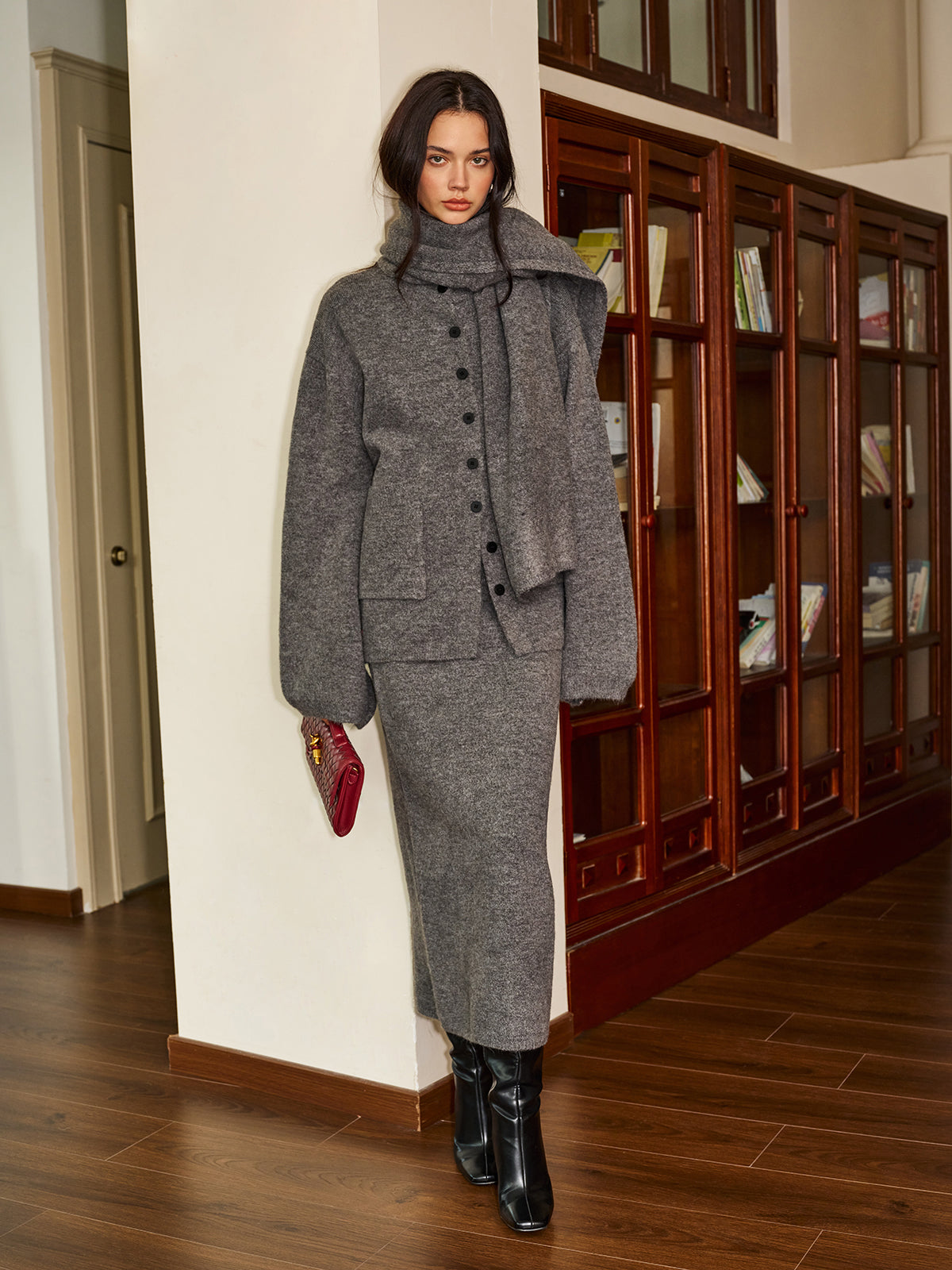 Plain Button Sweater Skirt Set With Matching Scarf-Chicvia