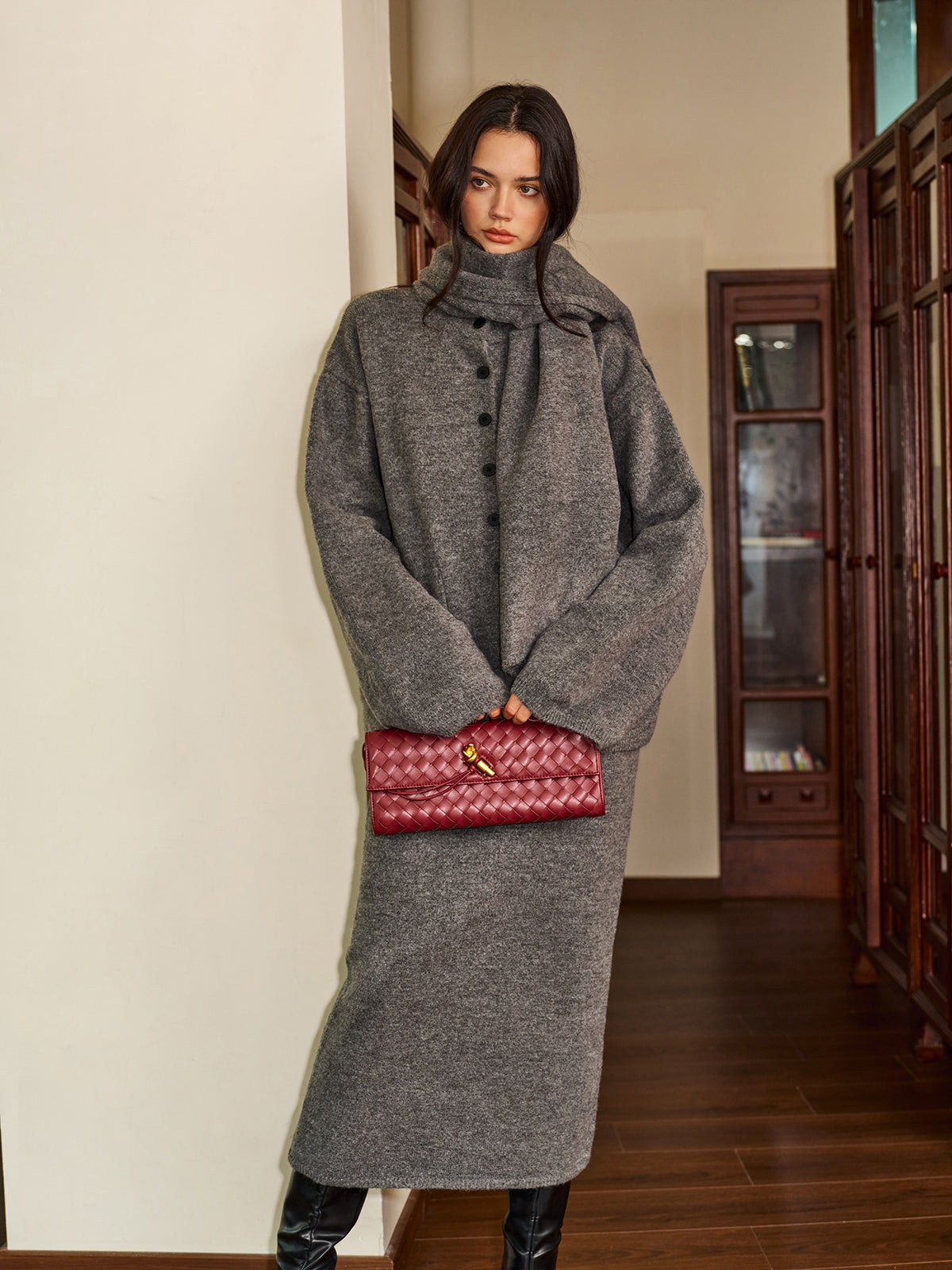 Plain Button Sweater Skirt Set With Matching Scarf-Chicvia