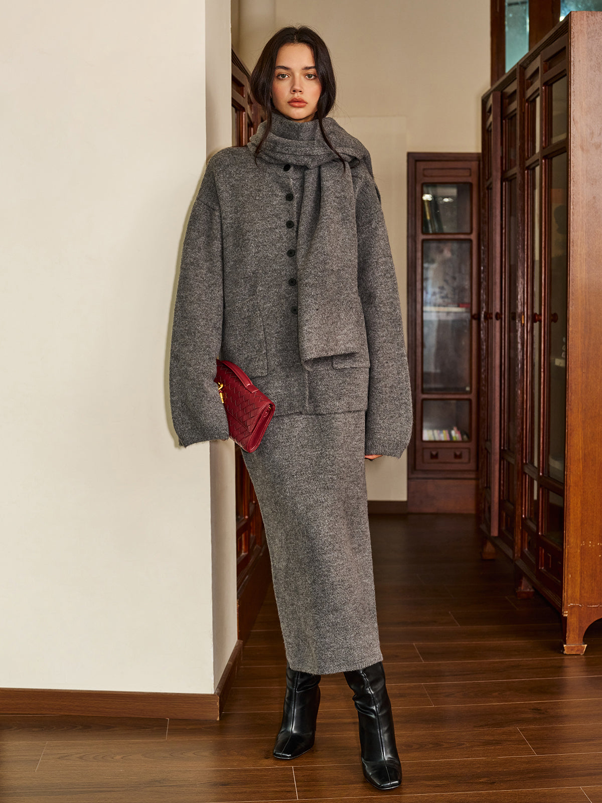 Plain Button Sweater Skirt Set With Matching Scarf-Chicvia