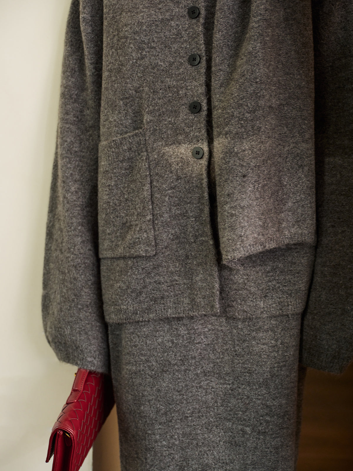 Plain Button Sweater Skirt Set With Matching Scarf-Chicvia