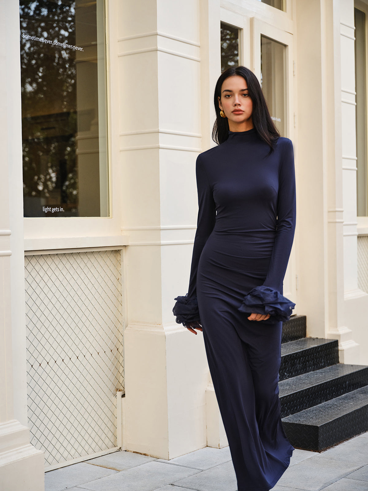 Elegant Ruffle Split Jersey Long Dress-Chicvia