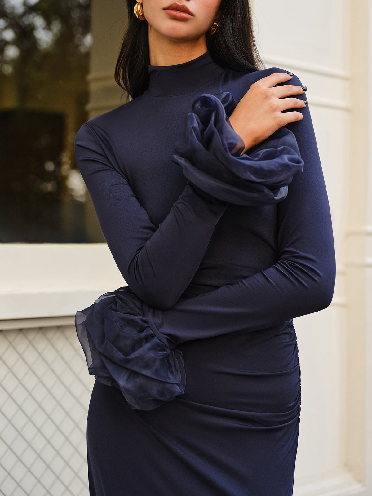 Elegant Ruffle Split Jersey Long Dress-Chicvia