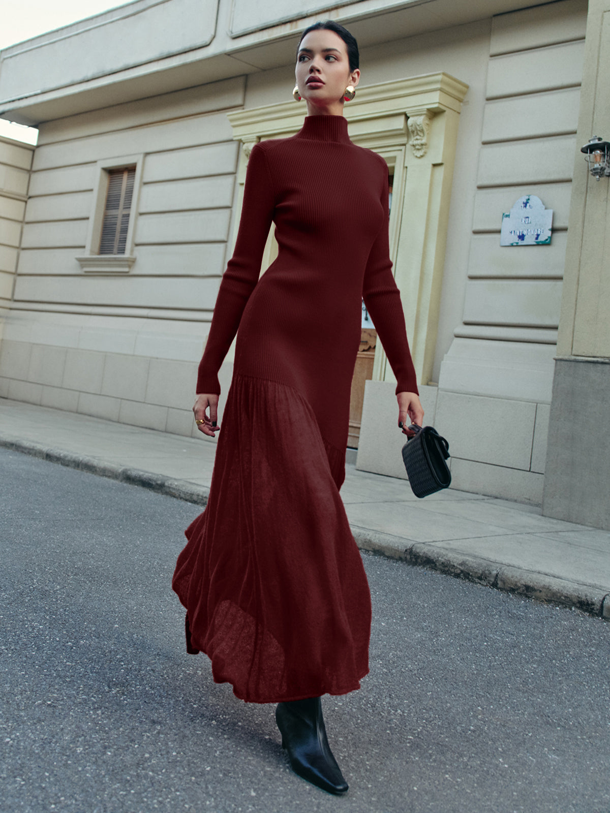 Mock Neck  Pleated Panel Sweater Dress-Chicvia