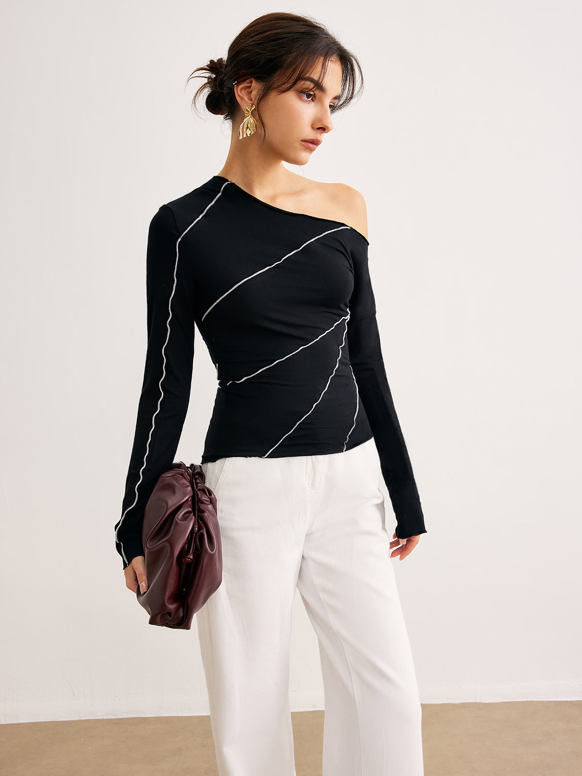 One-Shoulder Contrast Piping Skinny T-Shirt-Chicvia
