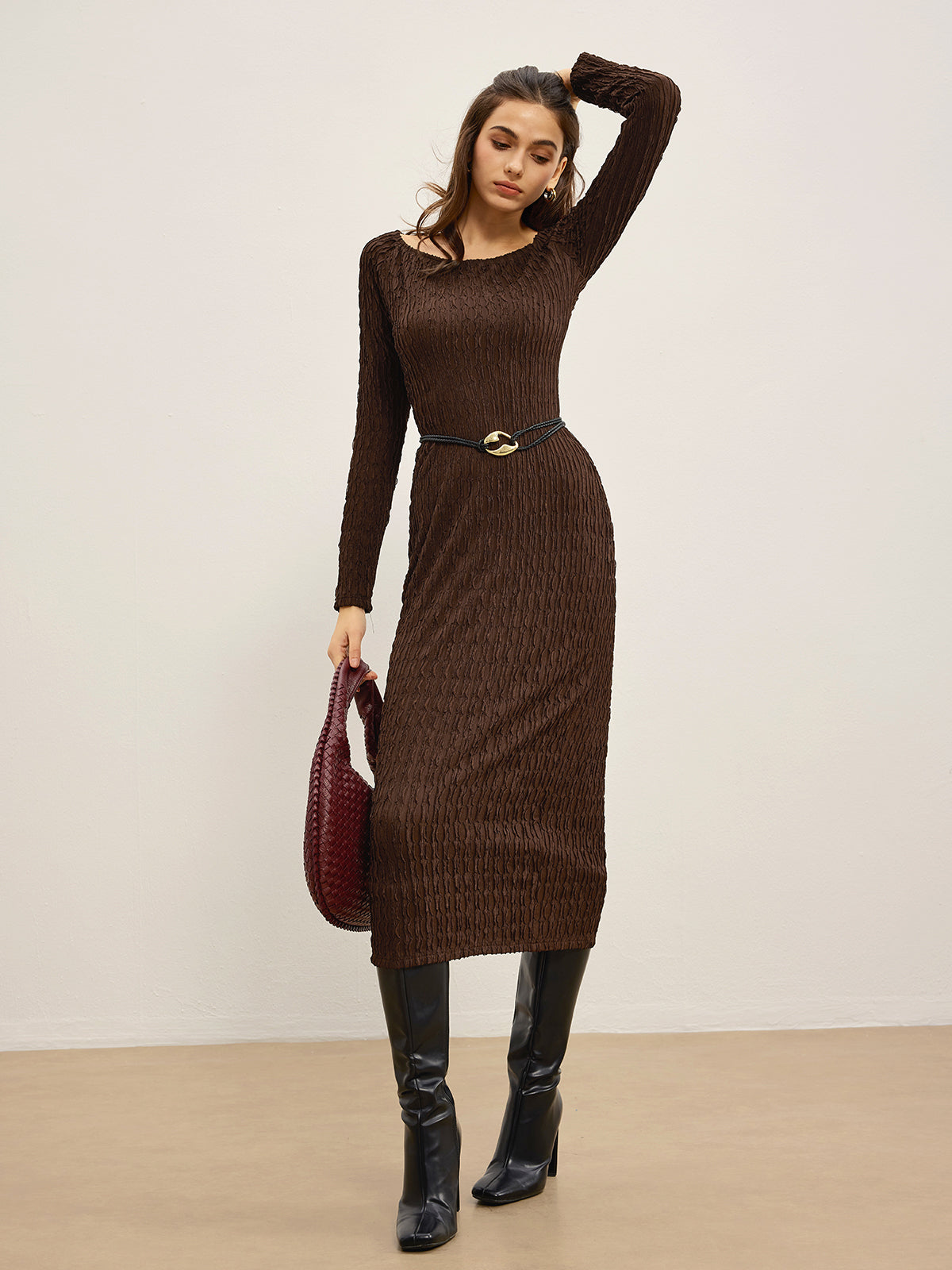 Plain Crinkle Textured Dress Without Belt-Chicvia