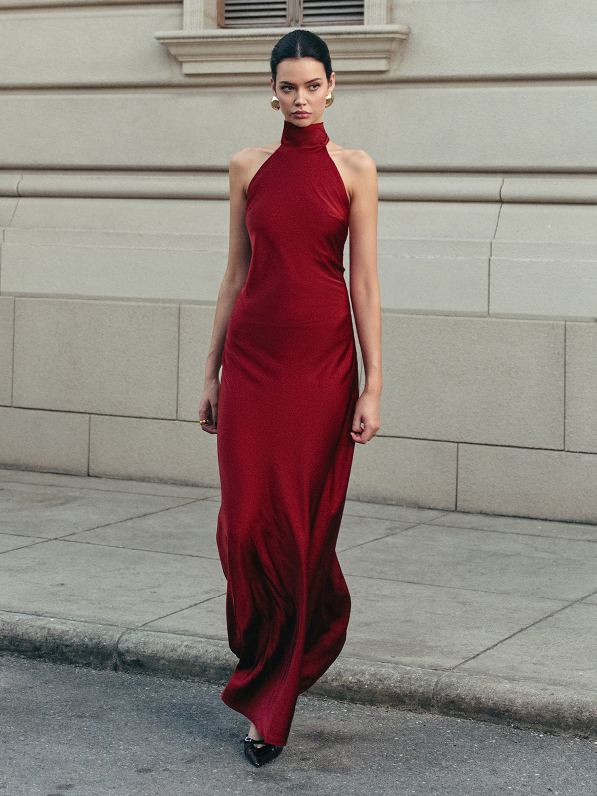 Open Back Satin Halter Dress-Chicvia