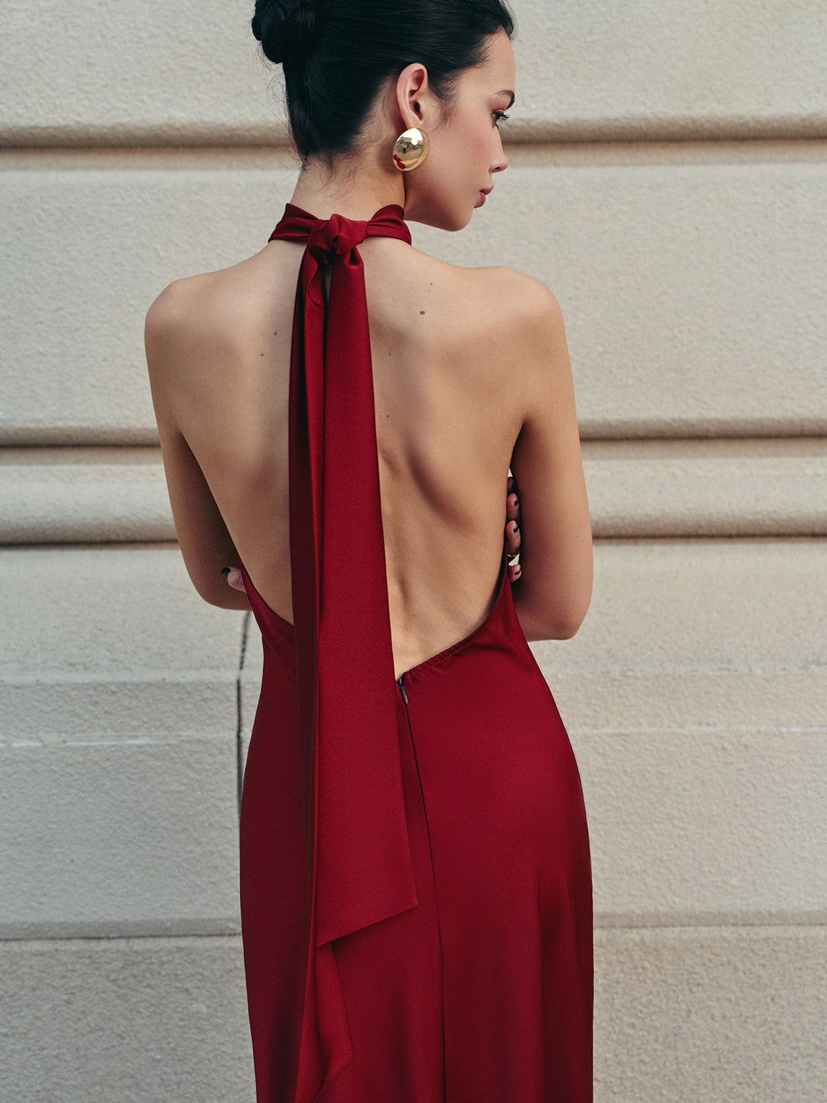 Open Back Satin Halter Dress-Chicvia