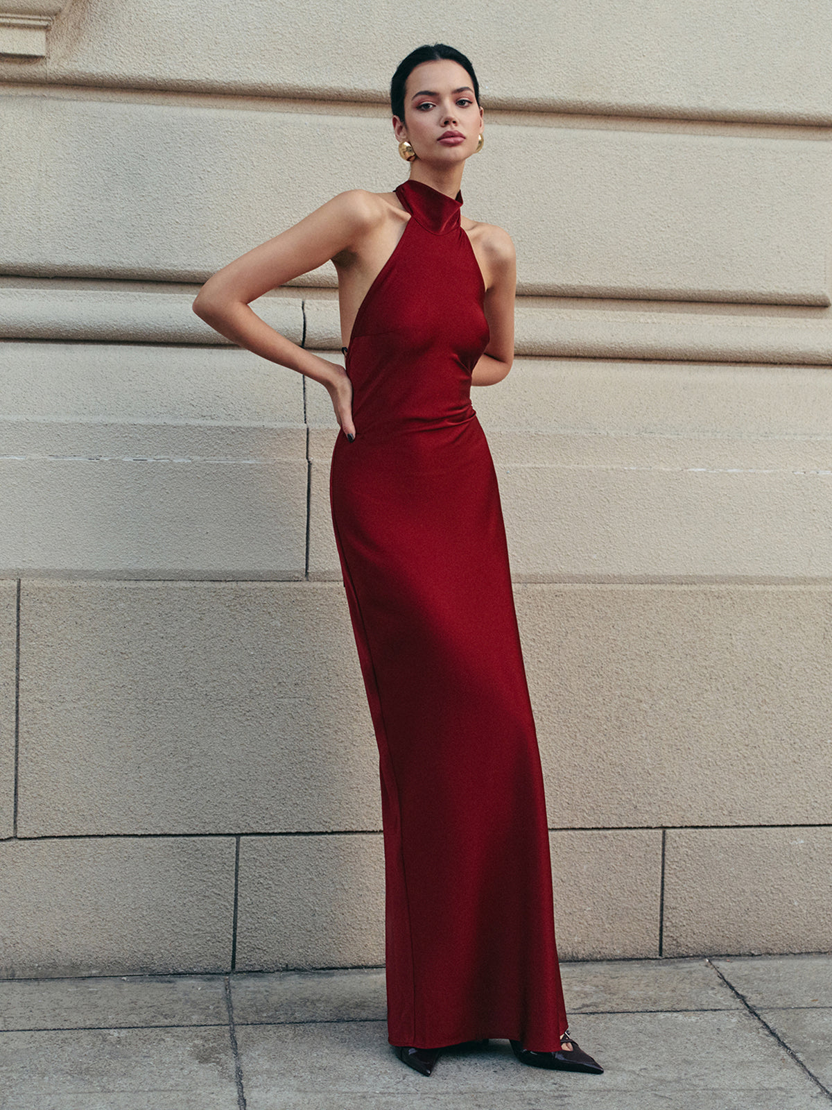 Open Back Satin Halter Dress-Chicvia