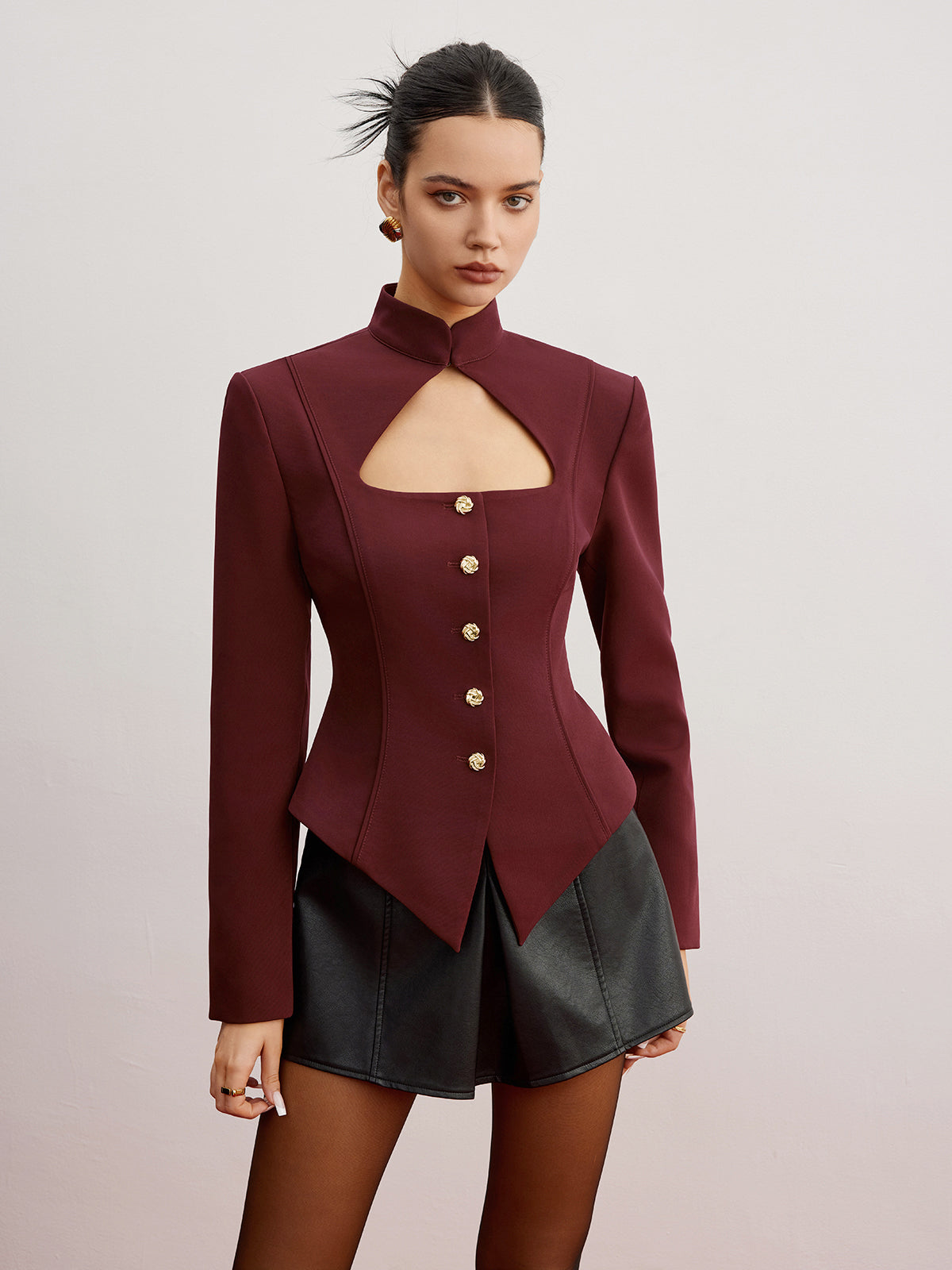 Cutout Slim Blazer With Shoulder Pads-Chicvia