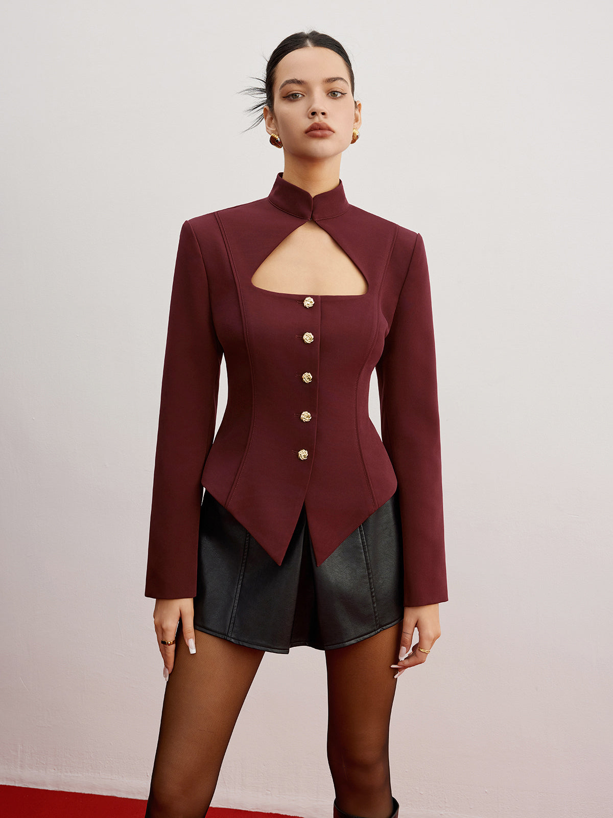 Cutout Slim Blazer With Shoulder Pads-Chicvia
