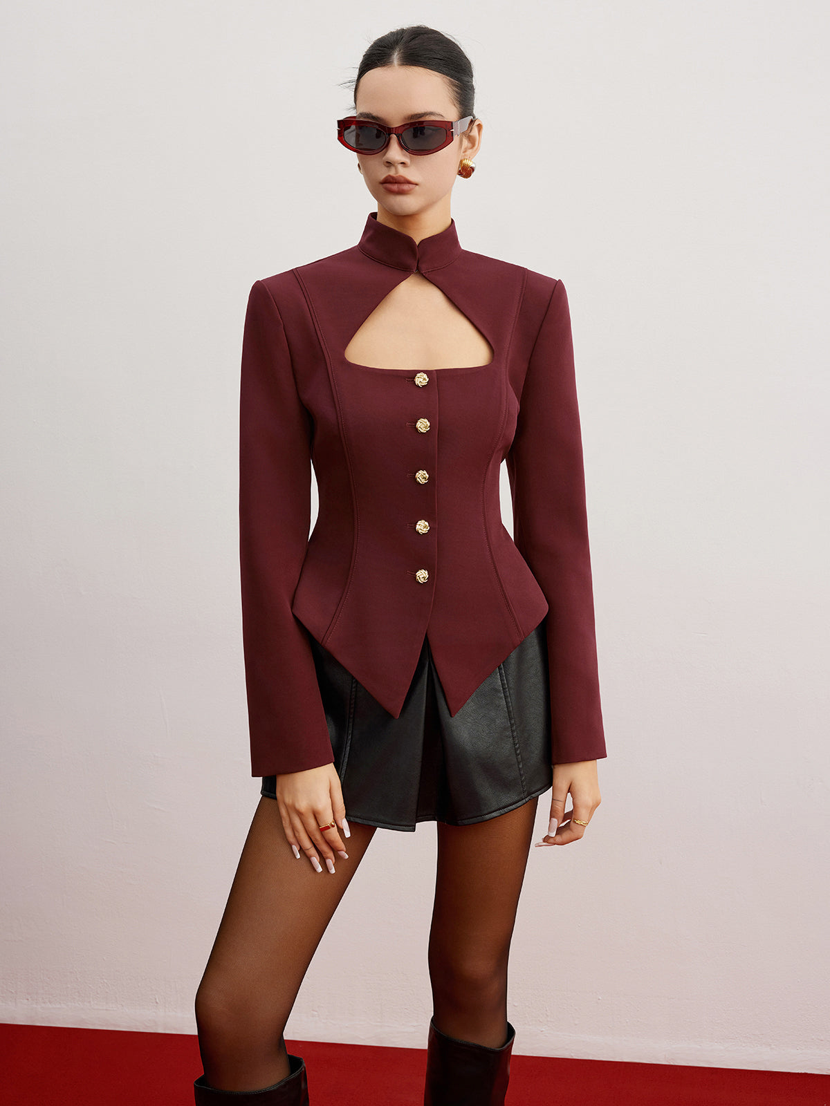 Cutout Slim Blazer With Shoulder Pads-Chicvia