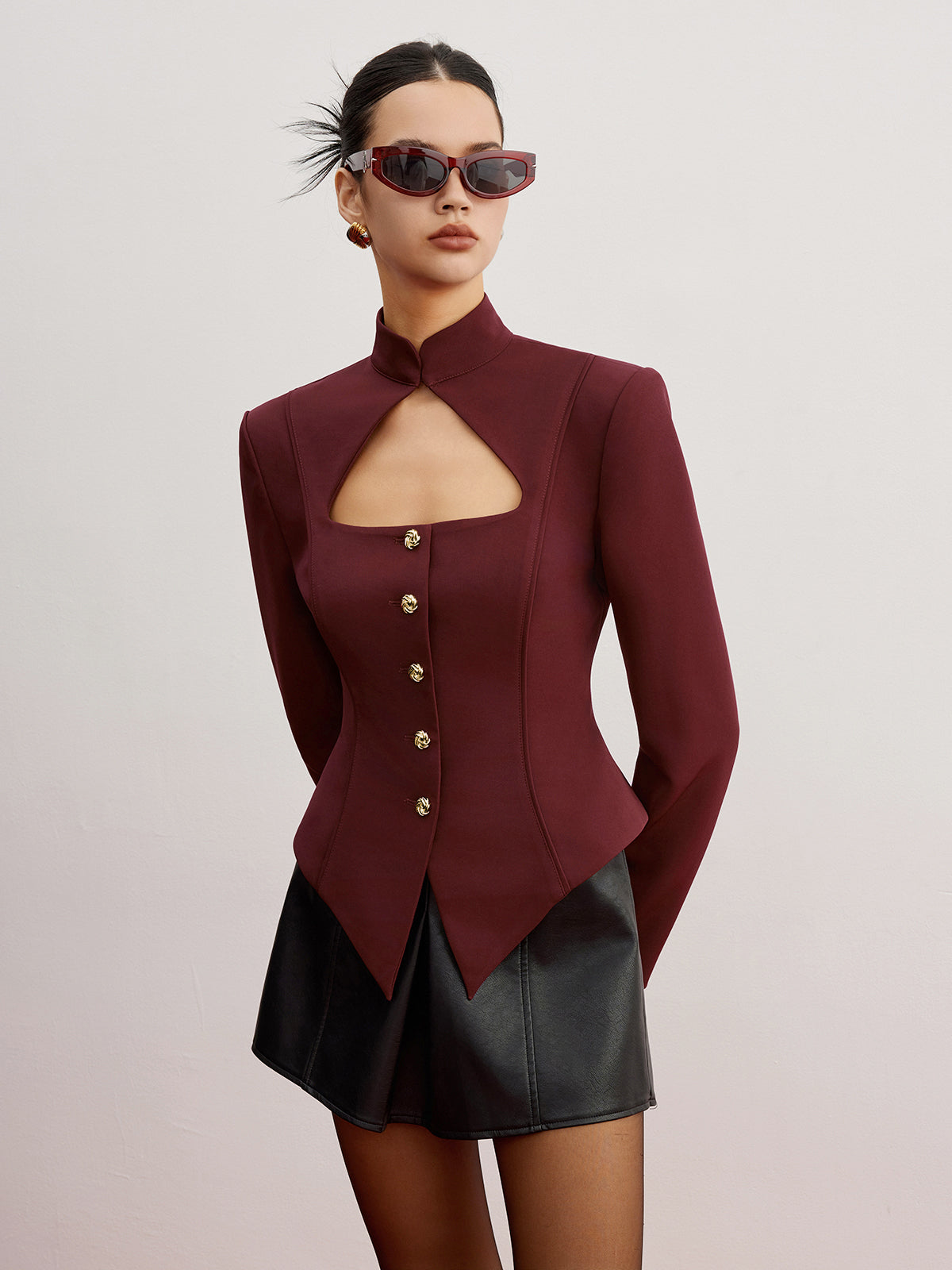 Cutout Slim Blazer With Shoulder Pads-Chicvia