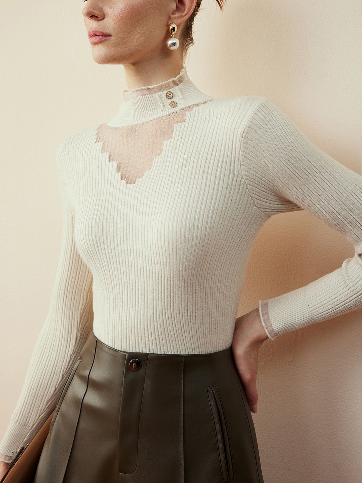 Mock Neck Sheer-Detail Slim Knit Top-Chicvia