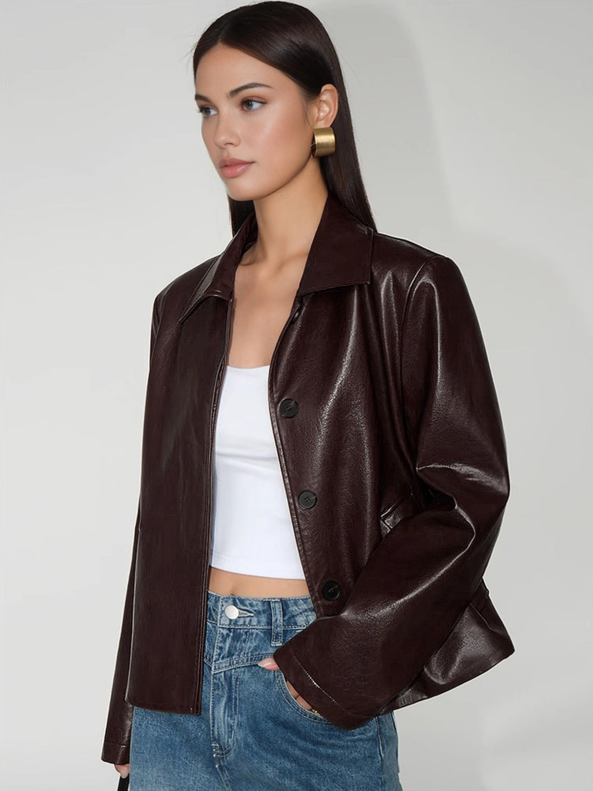 Faux Leather Zipper Short Polo Jacket-Chicvia