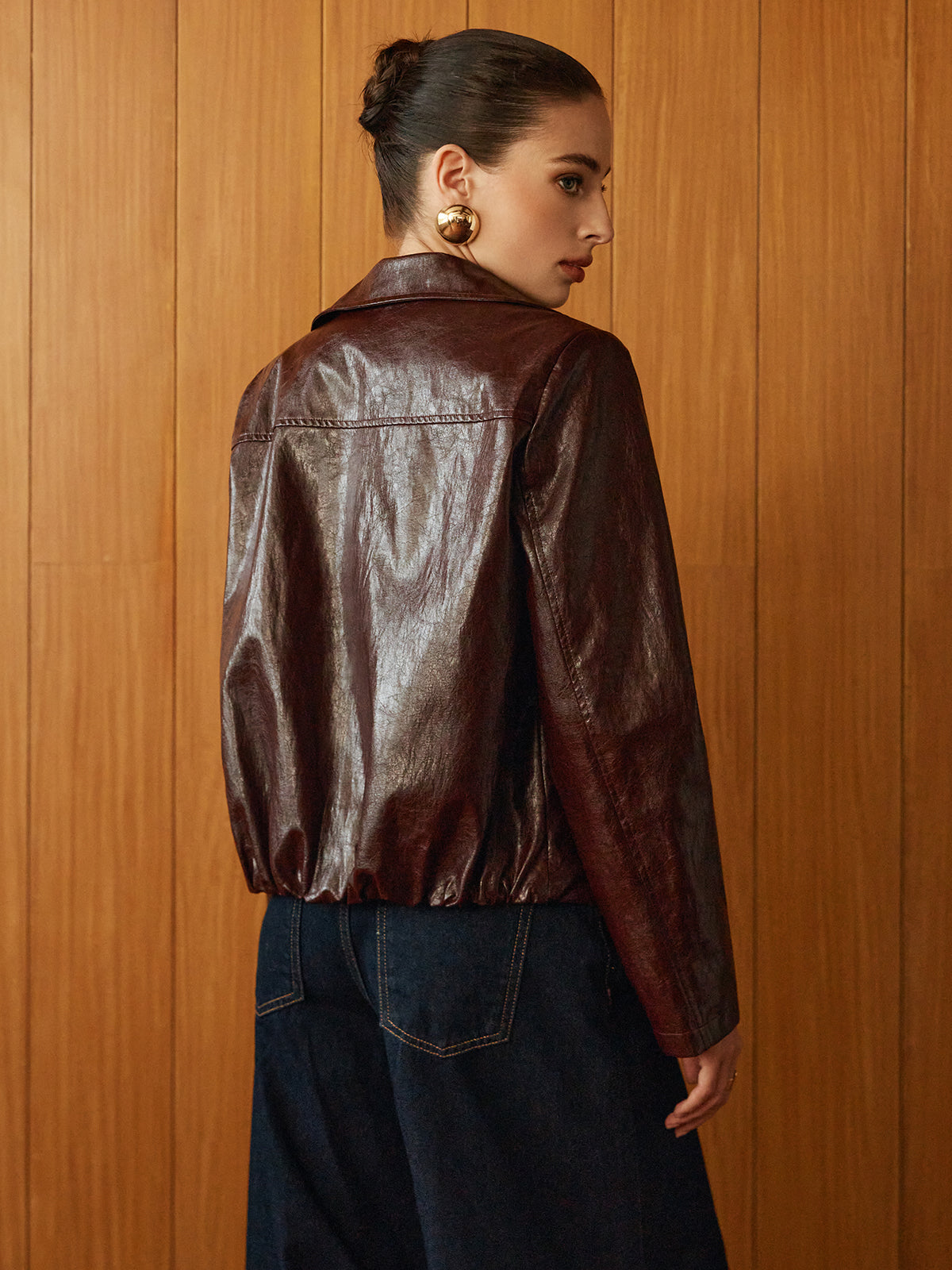 Faux Leather Zipper Short Polo Jacket-Chicvia