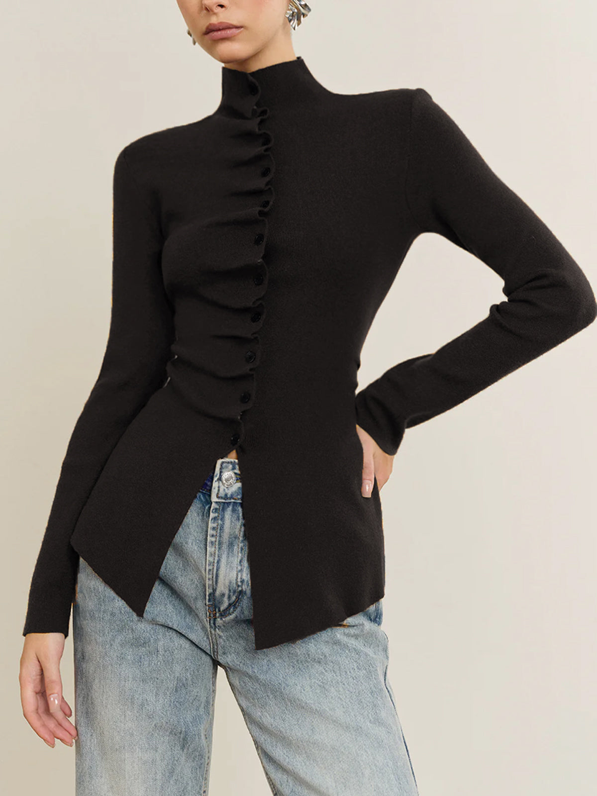 Button Pleated Split Knit Top-Chicvia