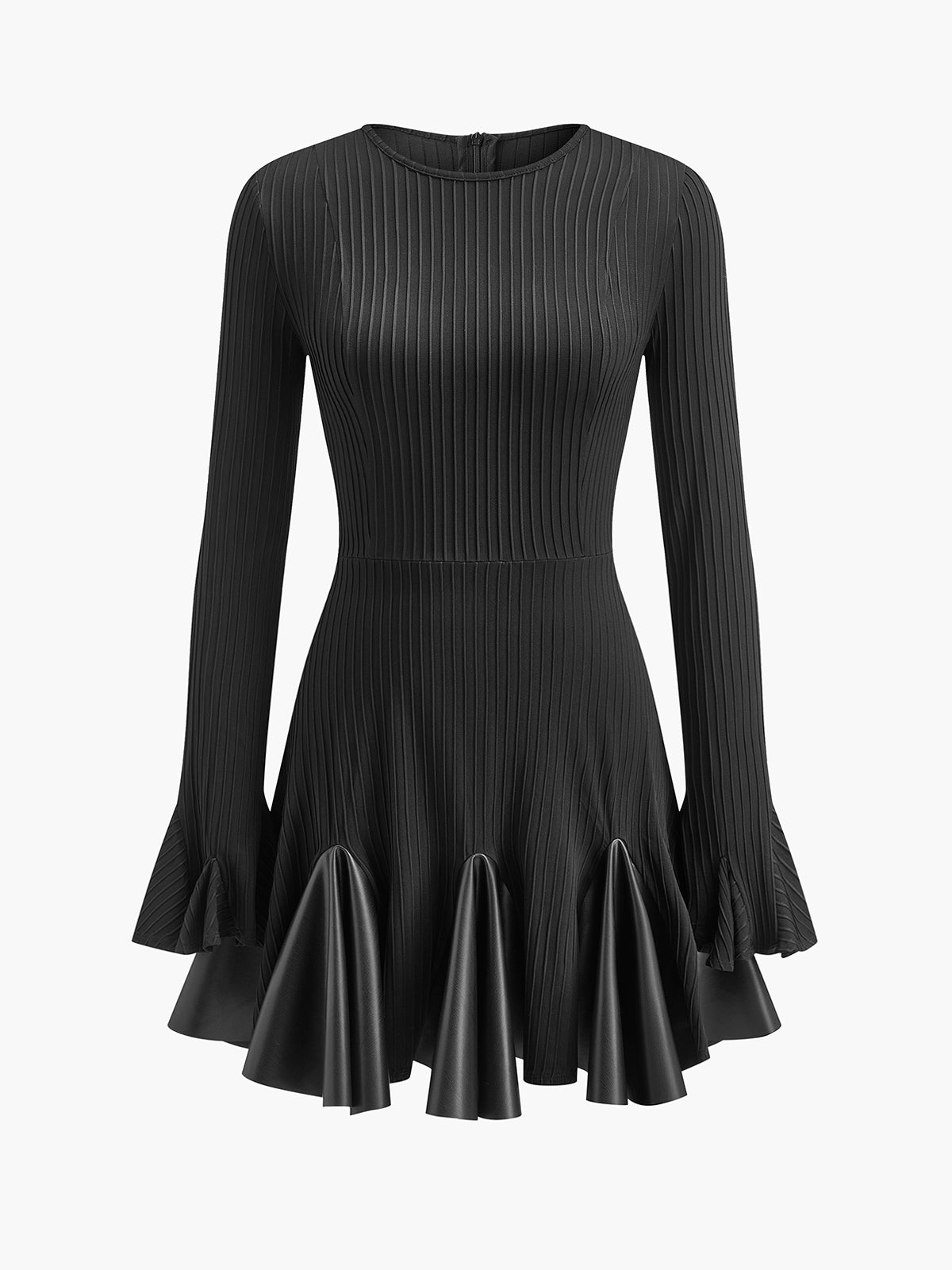 Pleated Faux Leather Panel Dress-Chicvia
