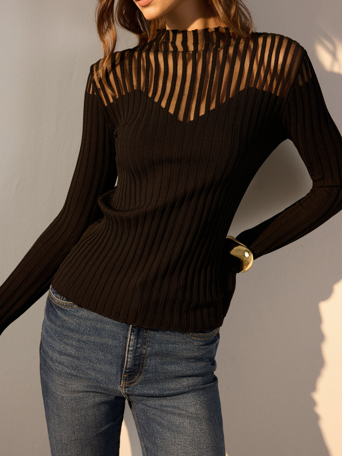 Ribbed Sheer-Shoulder Knit Top-Chicvia