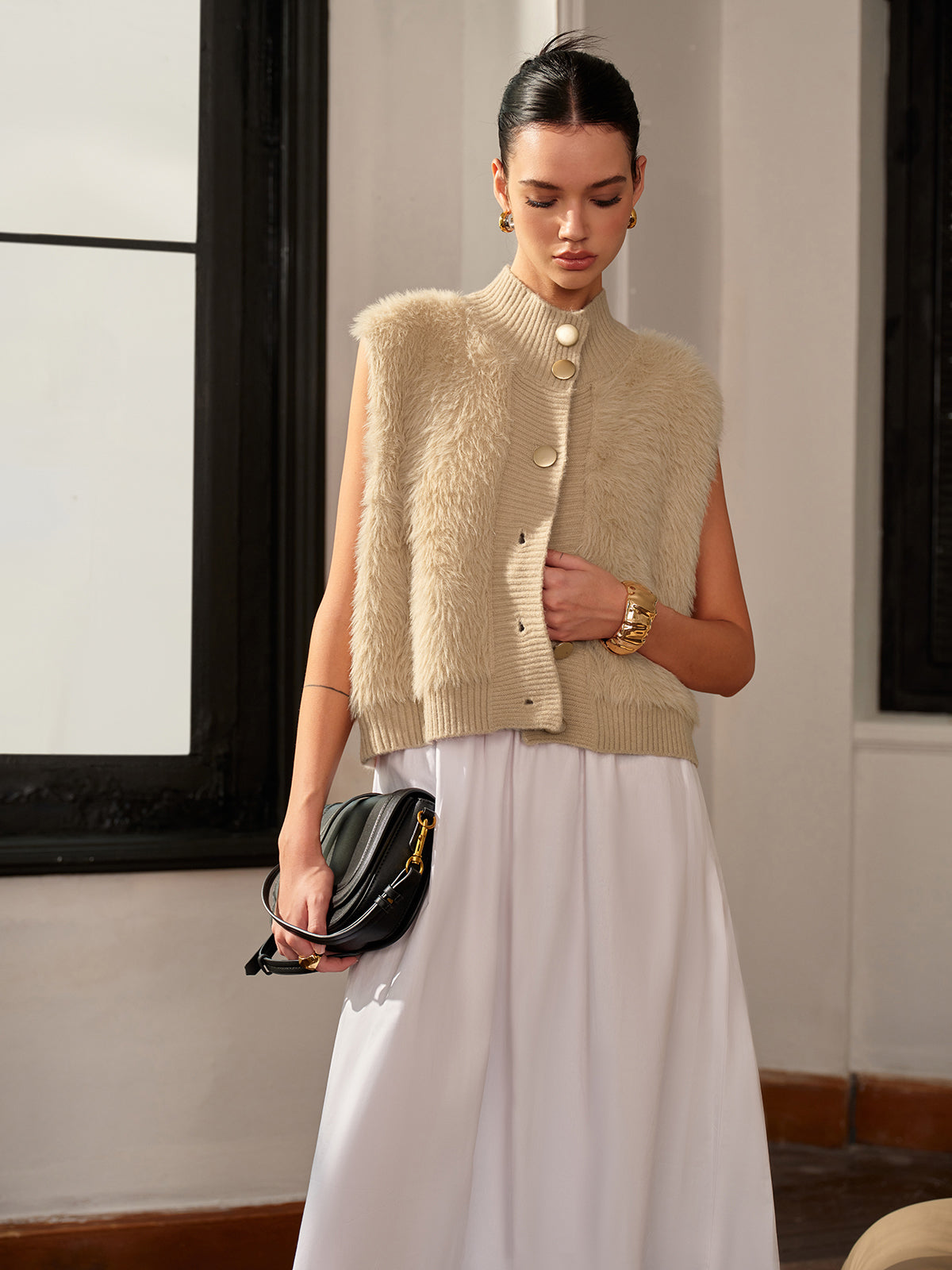 Mock Neck Button Fuzzy Vest-Chicvia