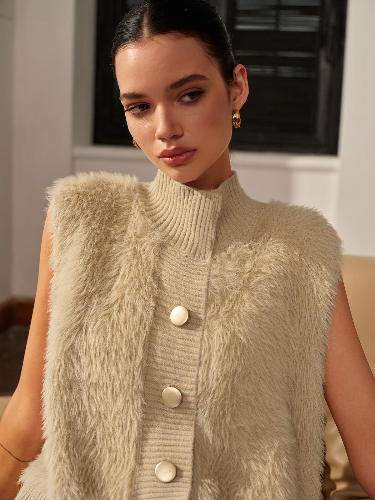 Mock Neck Button Fuzzy Vest-Chicvia