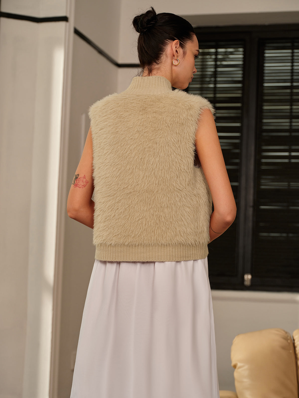 Mock Neck Button Fuzzy Vest-Chicvia