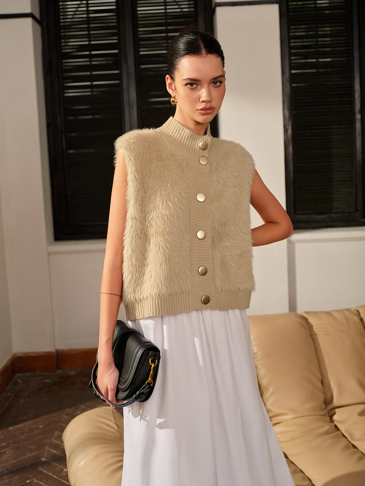Mock Neck Button Fuzzy Vest-Chicvia