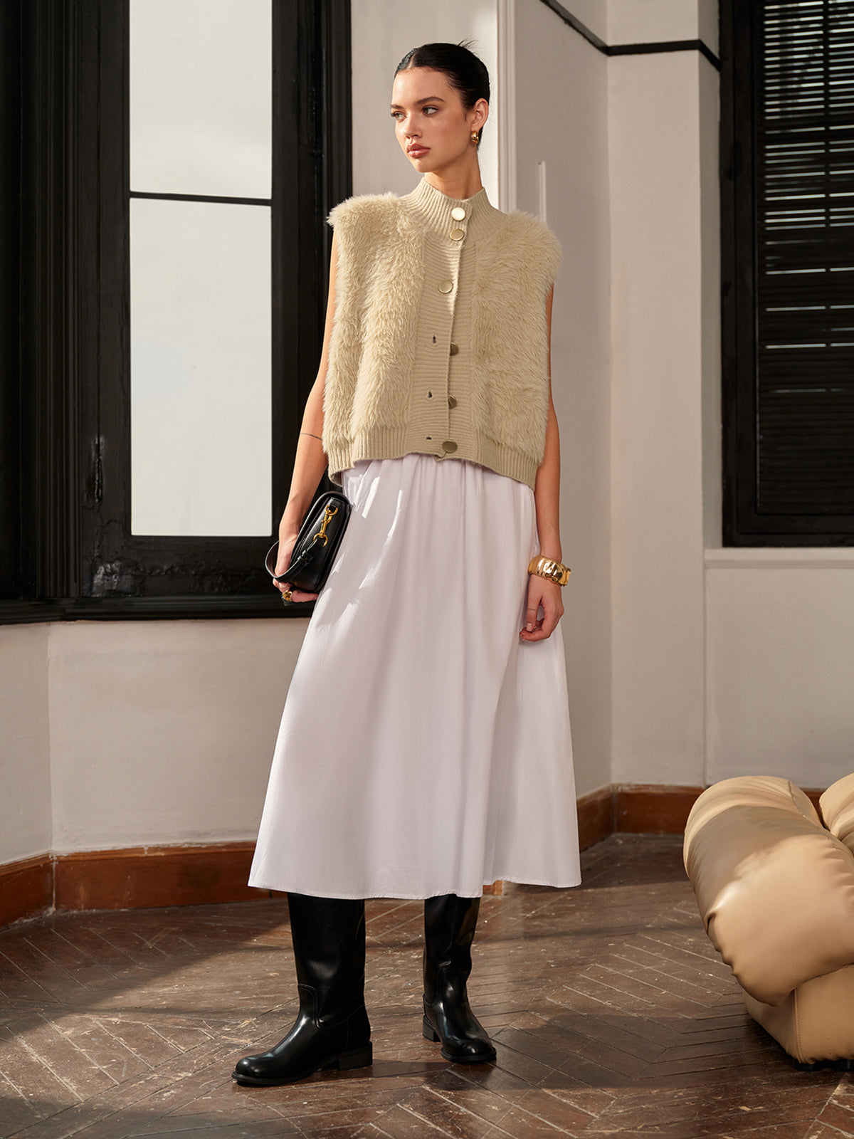 Mock Neck Button Fuzzy Vest-Chicvia