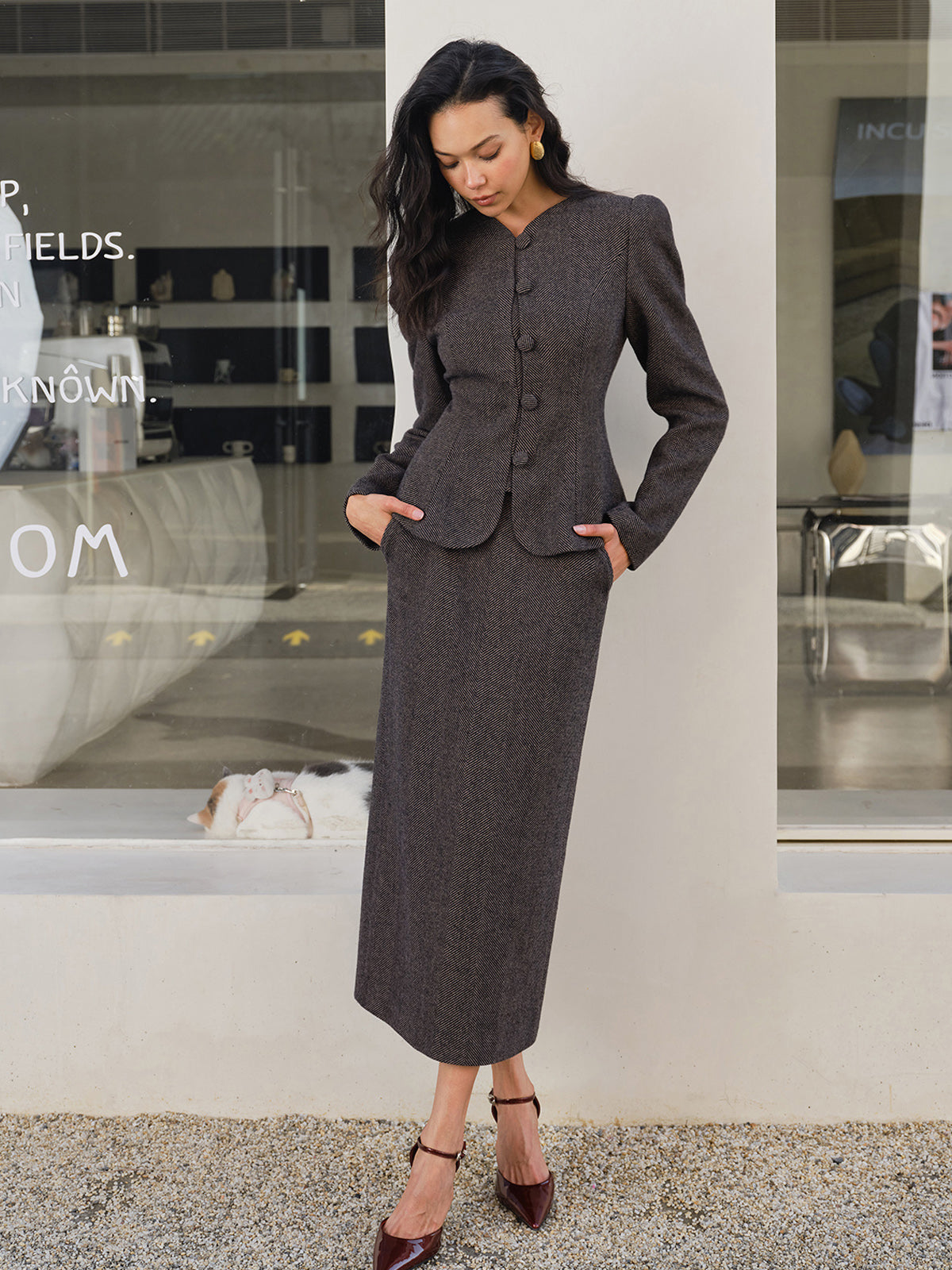 Chevron Split Pockets Skirt-Chicvia