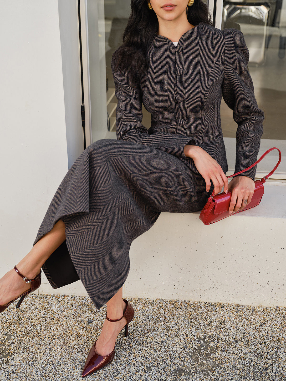 Chevron Button Slim Blazer-Chicvia