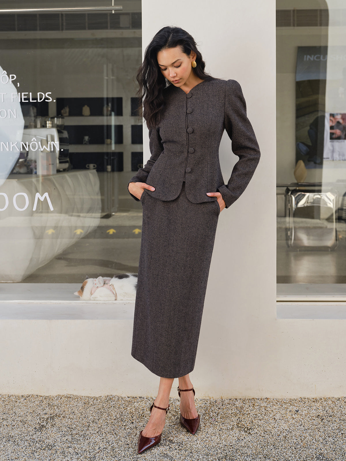 Chevron Button Slim Blazer-Chicvia