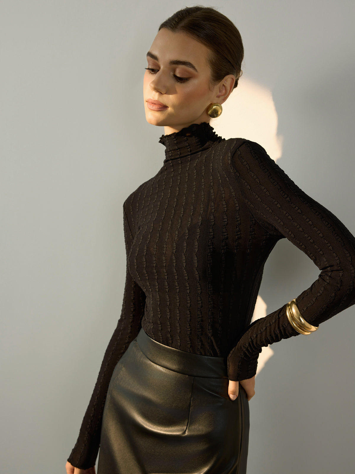 Mock Neck Semi-Sheer Slim T-Shirt-Chicvia