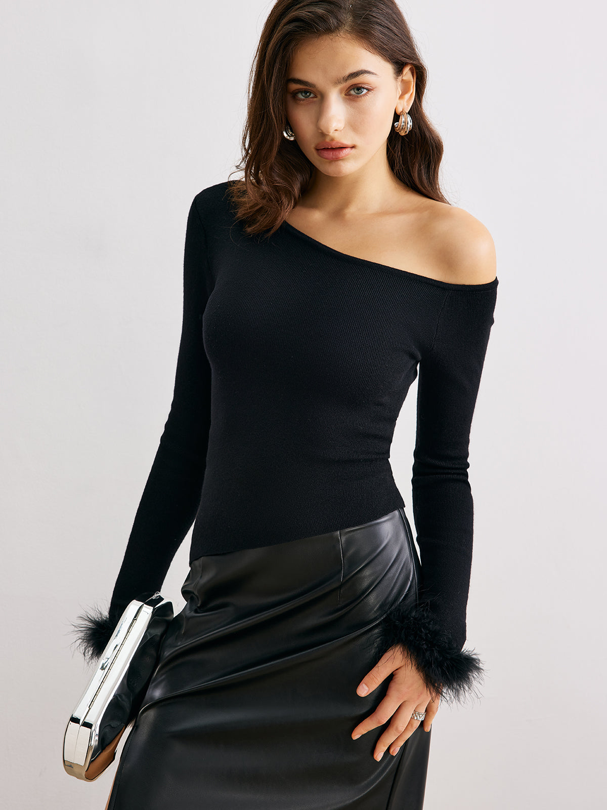 Cashmere Asymmetrical Neck Slim Sweater-Chicvia