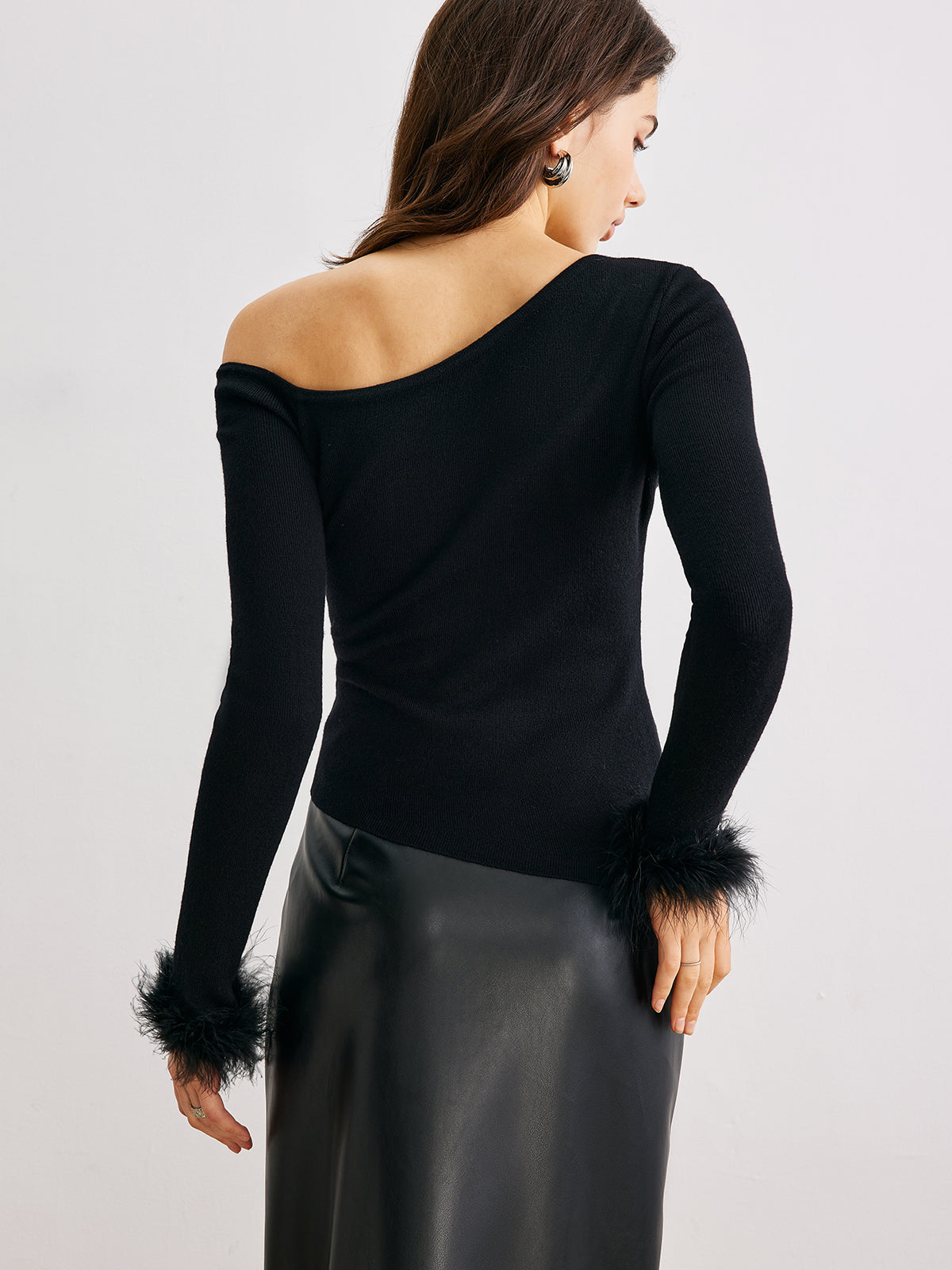 Cashmere Asymmetrical Neck Slim Sweater-Chicvia