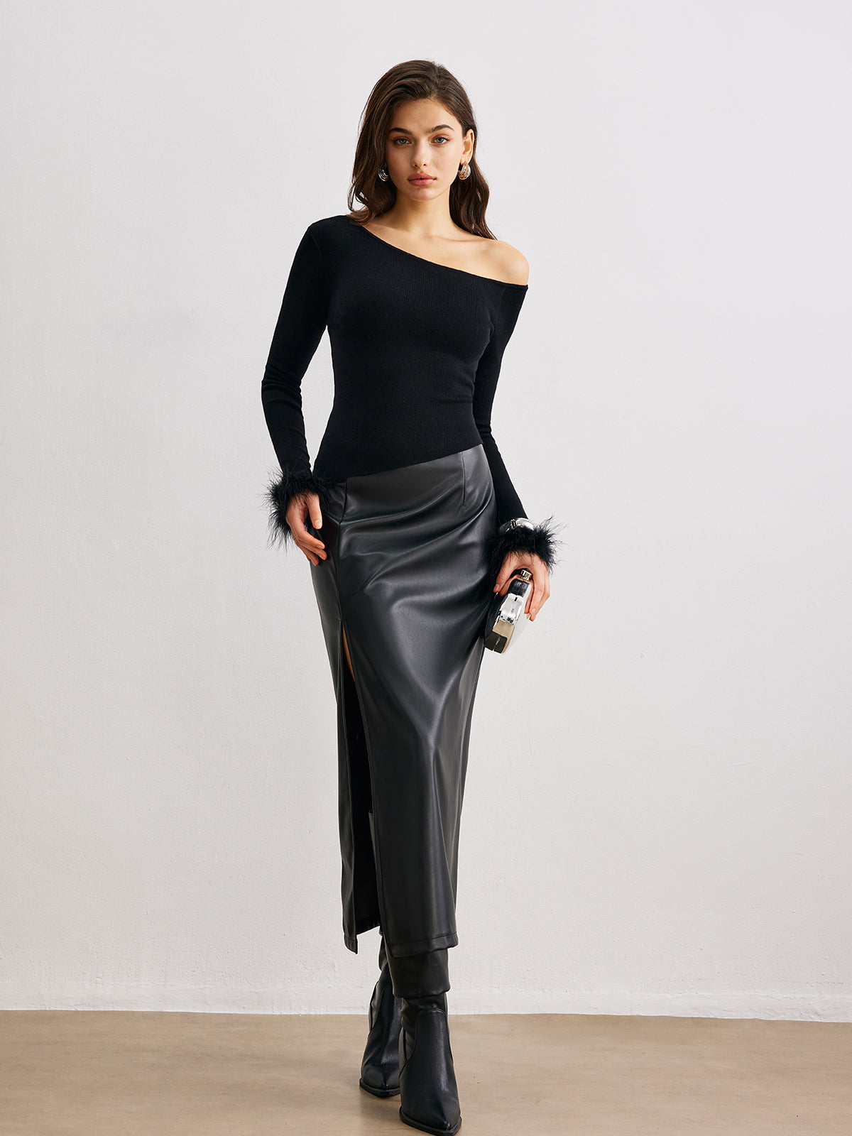 Cashmere Asymmetrical Neck Slim Sweater-Chicvia