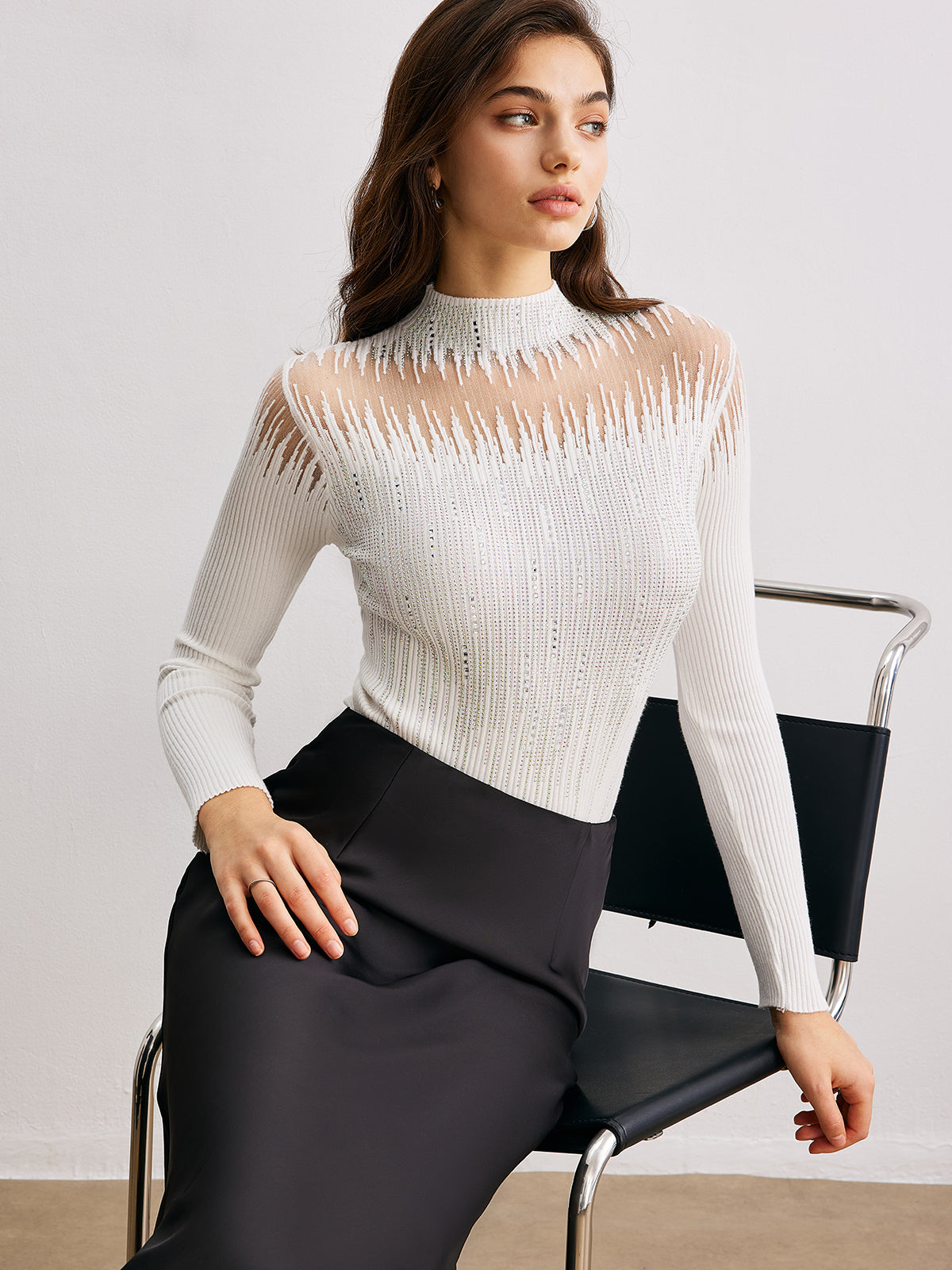 Mock Neck Sheer-Detail Knit Top-Chicvia