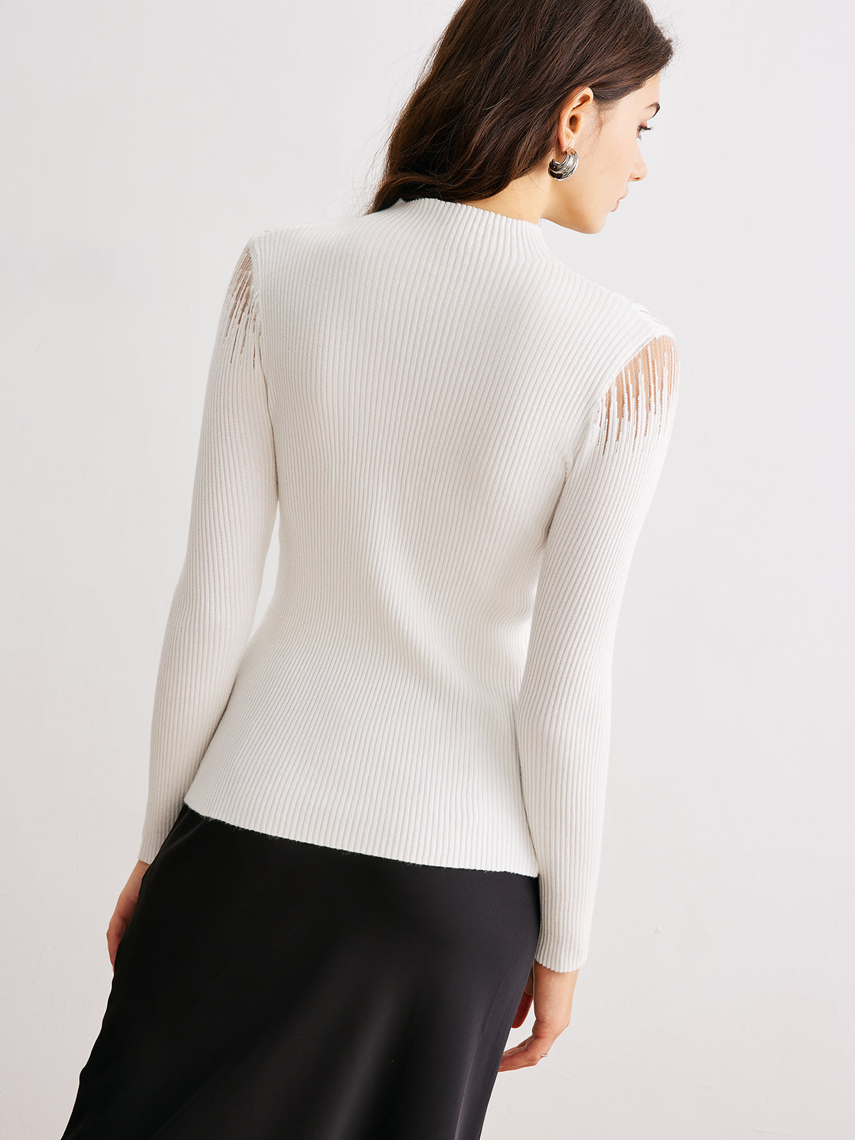 Mock Neck Sheer-Detail Knit Top-Chicvia