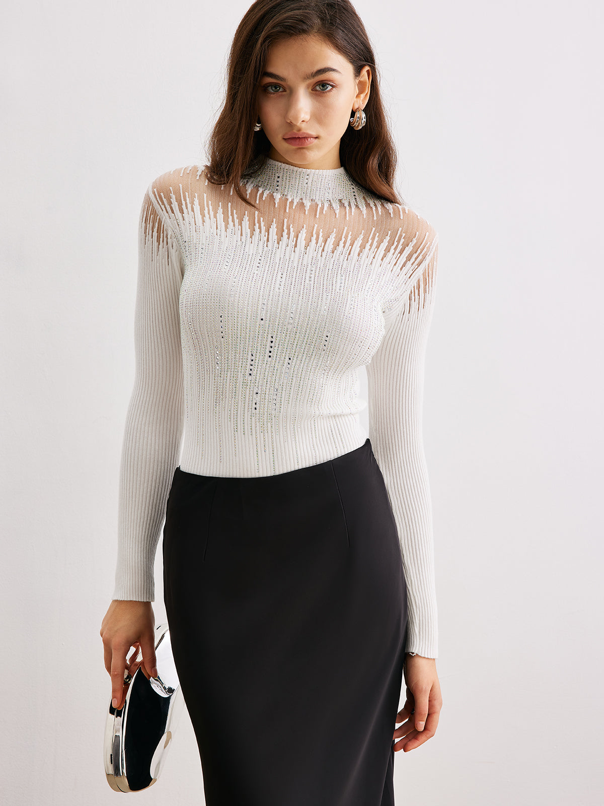 Mock Neck Sheer-Detail Knit Top-Chicvia