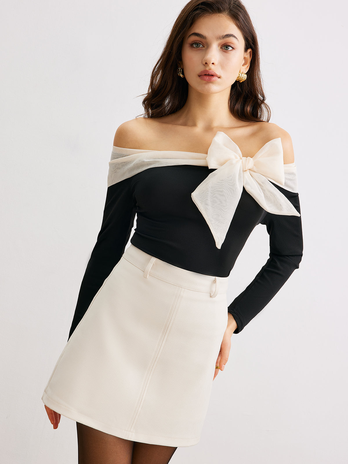 Chiffon-Bow Off-Shoulder Slim Blouse-Chicvia