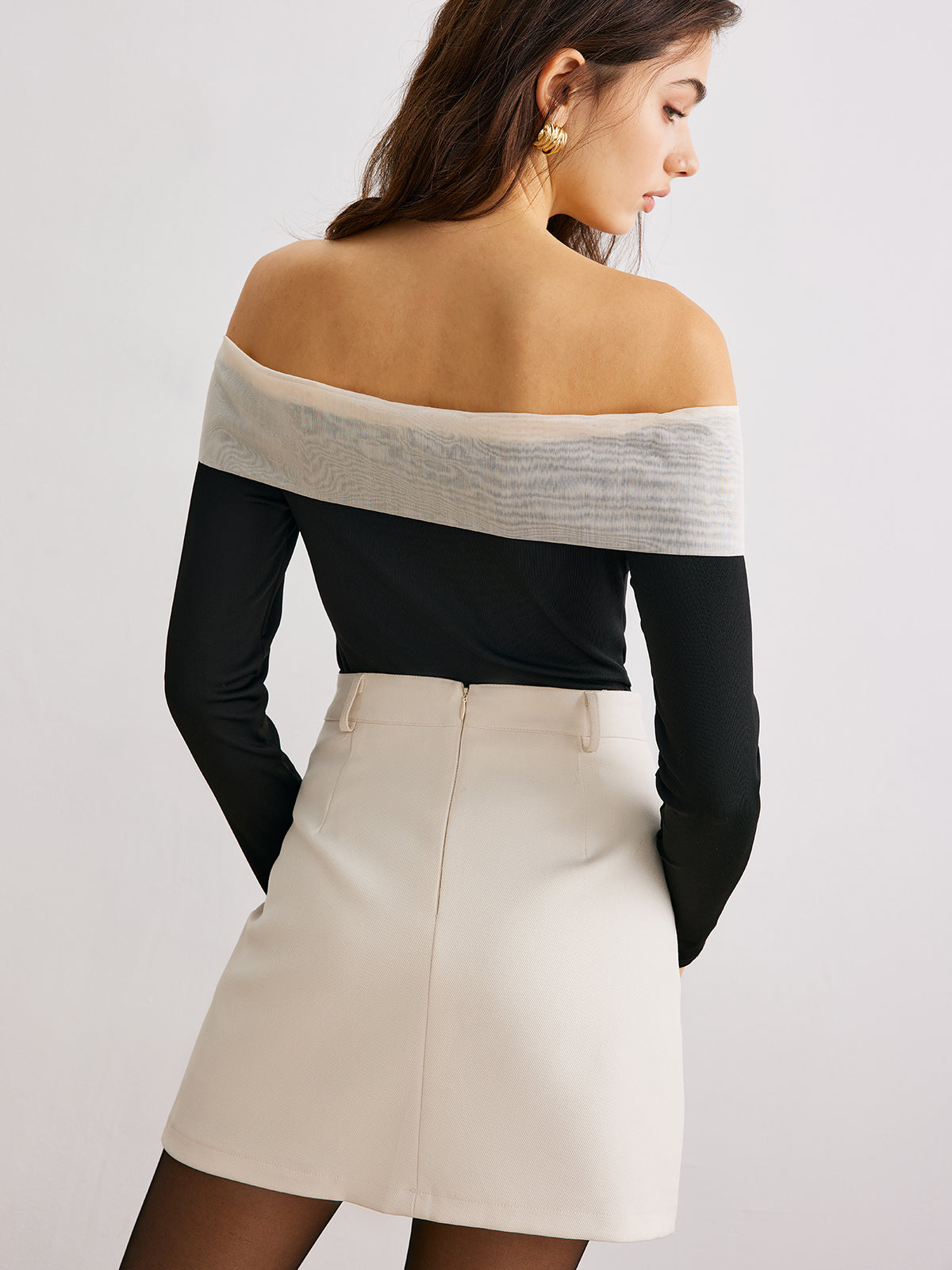 Chiffon-Bow Off-Shoulder Slim Blouse-Chicvia