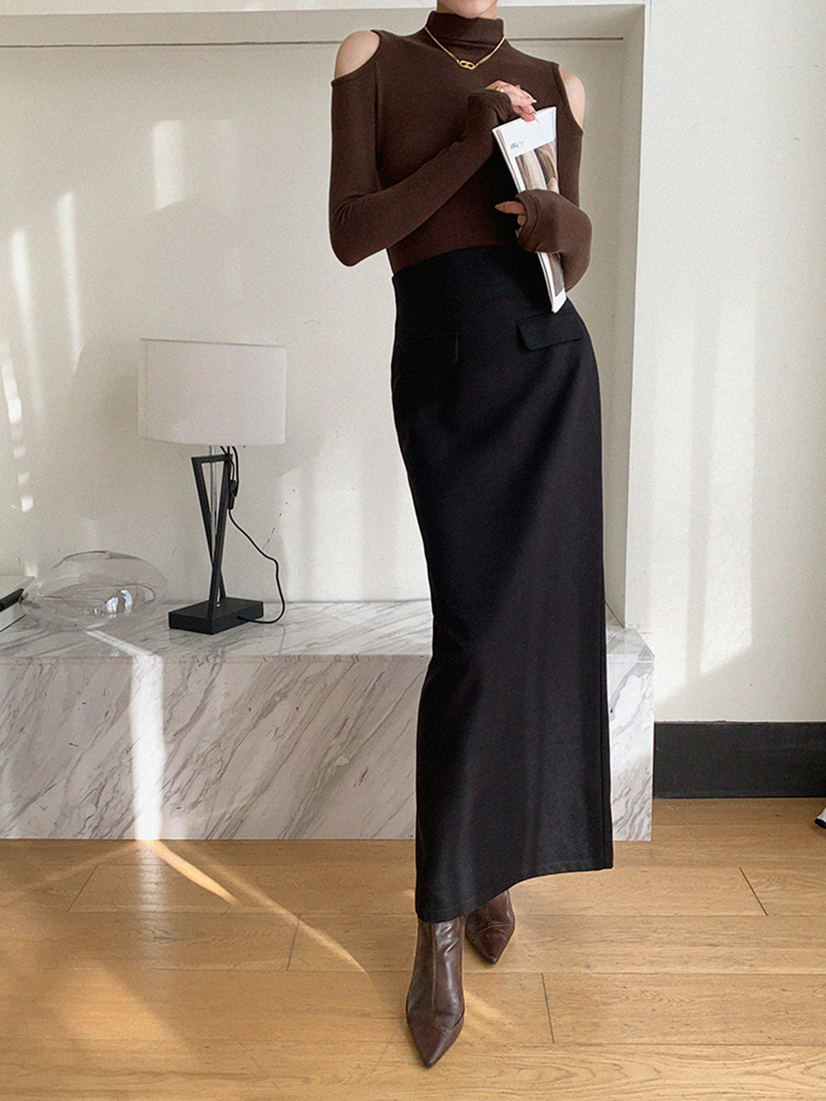 Plain A-Line Maxi Skirt-Chicvia