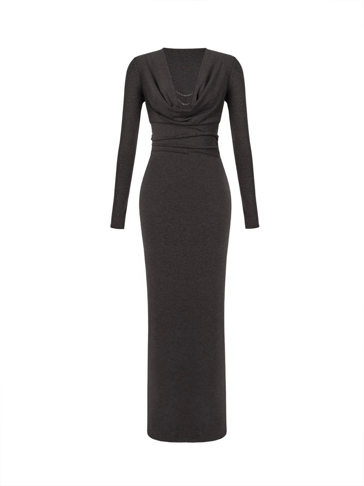 Metal-Detail Cowl Neck Slim Jersey Dress-Chicvia
