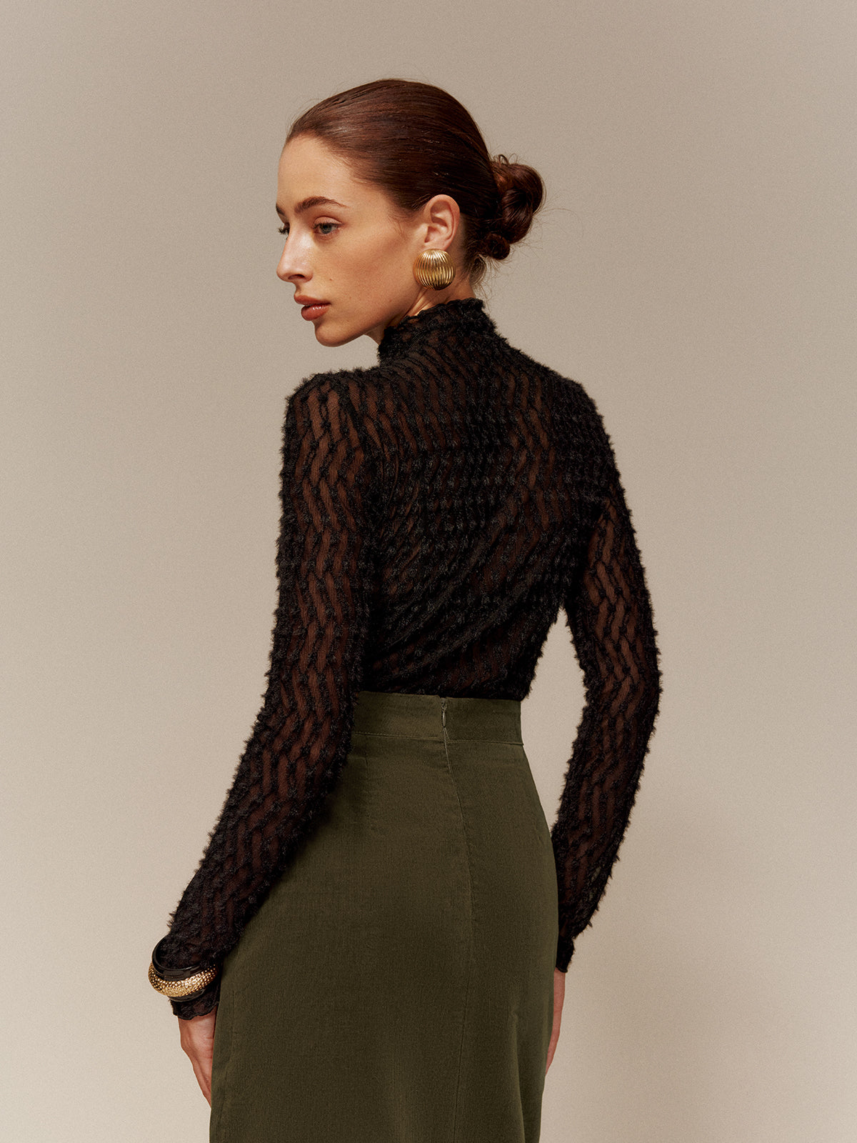 Mock Neck Semi-Sheer T-Shirt-Chicvia