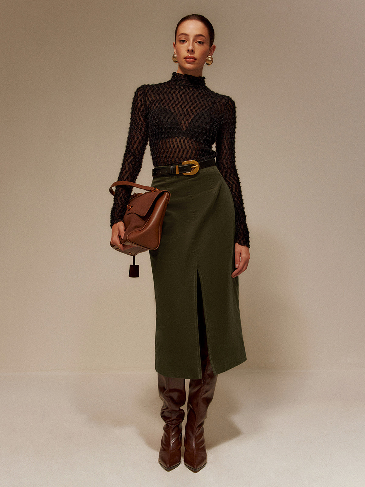 Mock Neck Semi-Sheer T-Shirt-Chicvia